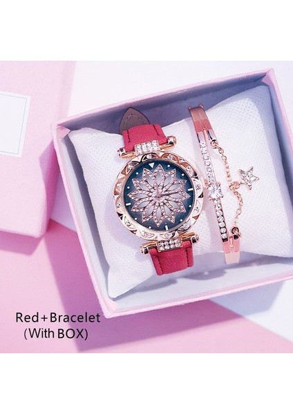 Kırmızı Bilezik Kutusu Pembe Deri Saat Moda Kadın Elbise Kuvars Kol Saati Bayanlar Kuvars Saat Kutusu ve Bilezik Izle Relogio Feminino (Yurt Dışından)
