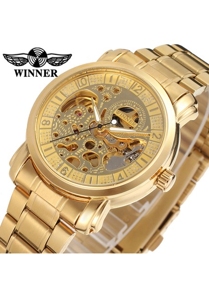 01 T-Kazanan Erkek Altın Oymak Mekanik Çelik Bant Roma Dijital Mekanik Saat Gümüş Bilek Saati (Yurt Dışından)