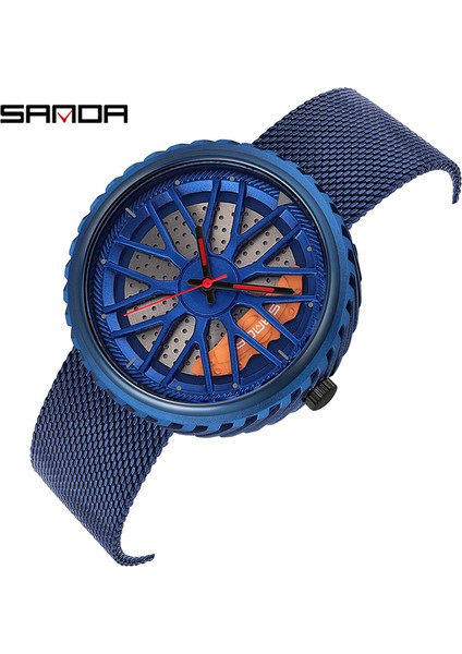 Örgü Mavi Erkek Lüks Saatler Spor Araba Saatler Su Geçirmez Spor Jant Hub Tekerlek Kol Saati Araba Kuvars Erkek Saatler Relogio Masculino (Yurt Dışından)