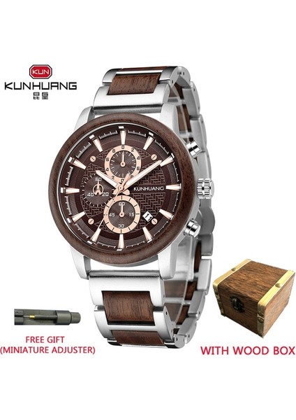 Gümüş Bn Ahşap Kutu Kunhuang Ahşap Saatler Lüks Aydınlık Çok Fonksiyonlu Ahşap Erkek Kuvars Retro Izle Moda Spor Saatler Zegarek Męski (Yurt Dışından)