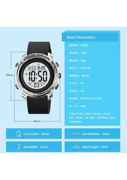 Mavi Skmeı Saatler Erkekler LED Ekran Elektronik Izle Moda Chrono Alarm Dijital Saat Kadın Siyah Bilek Saati Relojes Para Hombre (Yurt Dışından)