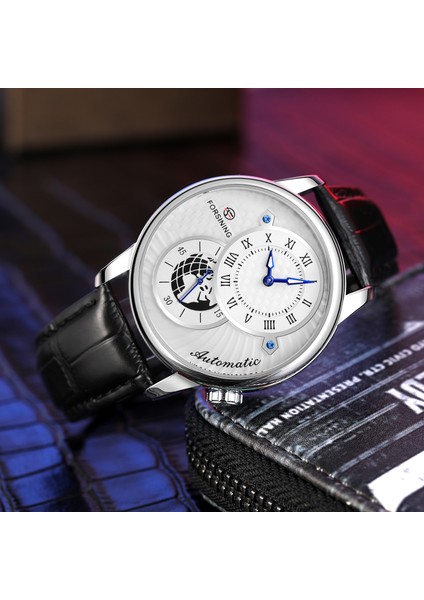 Kahverengi Forsınıng Erkek Mekanik Saat Moda Çift Arama Otomatik Sarma Erkek Kol Saatleri Spor Deri Saat Adam Için Reloj Hombre (Yurt Dışından) modelleri