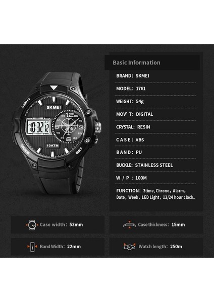 Siyah Siyah Skmeı Erkekler Kuvars Dijital Saat Yaratıcı Çift Ekran Spor Saatler Erkek Su Geçirmez LED Kol Saati Montre Homme Saat Relojes (Yurt Dışından)