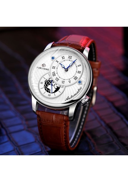Kahverengi Forsınıng Erkek Mekanik Saat Moda Çift Arama Otomatik Sarma Erkek Kol Saatleri Spor Deri Saat Adam Için Reloj Hombre (Yurt Dışından) fırsatları