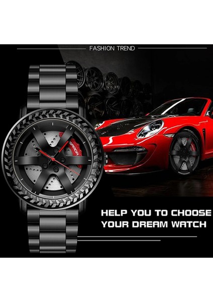 Çelik Siyah Sıcak Satış Erkekler Kuvars Kol Saati Özel Tasarım 3D Baskı Araba Jant Spor Tekerlek Izle Örgü Kayış Su Geçirmez Yaratıcı Erkek Saatler (Yurt Dışından) fırsatları