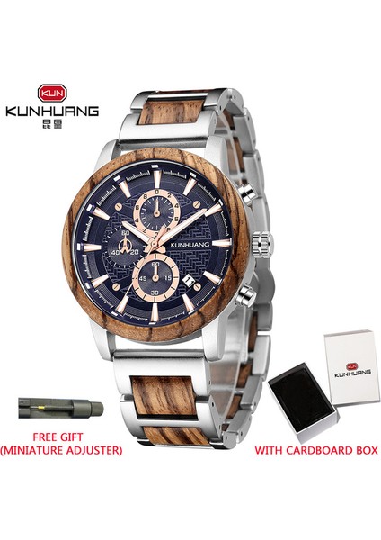 Gümüş Mavi Kutu Kunhuang Ahşap Saatler Lüks Aydınlık Çok Fonksiyonlu Ahşap Erkek Kuvars Retro Izle Moda Spor Saatler Zegarek Męski (Yurt Dışından)