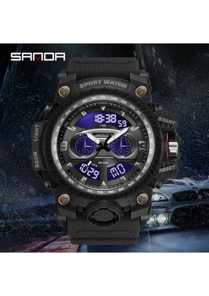 3153 Mavi Sanda Erkek Saatler Spor Askeri Kuvars Izle 50 M Su Geçirmez Çift Ekran Dijital Kol Saati Erkek Relogio Masculino 3153 (Yurt Dışından)