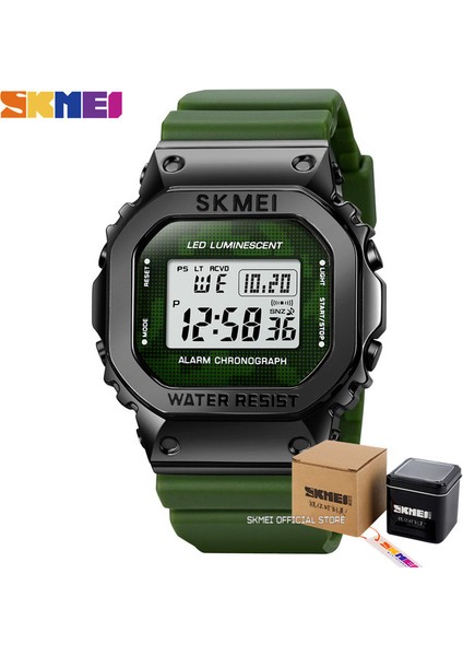 Kutu ile Asker Yeşili Skmeı Moda LED Işık Dijital Spor Izle Erkekler 3bar Su Geçirmez Chrono Alarm Saatler Tarih Hafta Saat Izle Reloj Hombre 1851 (Yurt Dışından)