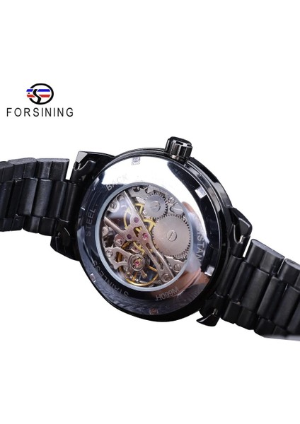 S838-9 Forsining 3D Hollow Gravür Tam Siyah Saat Aydınlık Tasarım Siyah Paslanmaz Çelik Erkek Mekanik Saatler Üst Marka Lüks (Yurt Dışından) indirimleri