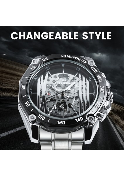 Gümüş Forsining Trendy Steampunk Eğlence Erkekler Otomatik Mekanik Saatler Şeffaf Saatler Paslanmaz Çelik Kayış Horloges (Yurt Dışından) modelleri