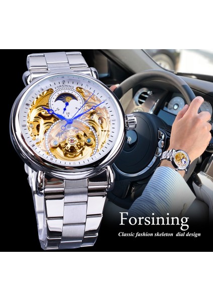 Altın Beyaz Forsining Erkekler Izle Oyma Hollow Ay Fazı Çelik Kemer Saat Otomatik Mekanik Iş Erkek Kol Saatleri Relogio Masculino (Yurt Dışından) fiyatları