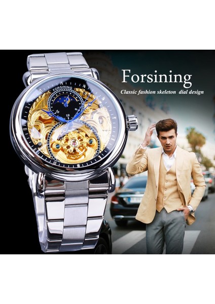 Altın Beyaz Forsining Erkekler Izle Oyma Hollow Ay Fazı Çelik Kemer Saat Otomatik Mekanik Iş Erkek Kol Saatleri Relogio Masculino (Yurt Dışından) indirimleri