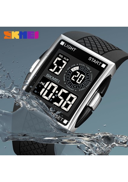 Gümüş Beyaz Moda Erkekler Için 2 Zaman Dijital Saat Skmeı Spor Saatler Erkek LED Elektronik Saat Su Geçirmez Geri Sayım Kol Saati Reloj Hombre (Yurt Dışından) fırsatları