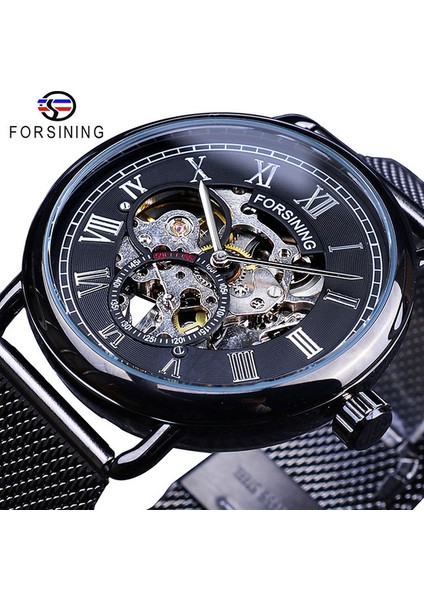 GMT1124-9 Forsining Moda Klasik Siyah Gümüş Mekanik Saatler Erkekler Için Örgü Kemer Şeffaf Kılıf Su Geçirmez Saat Erkek (Yurt Dışından)