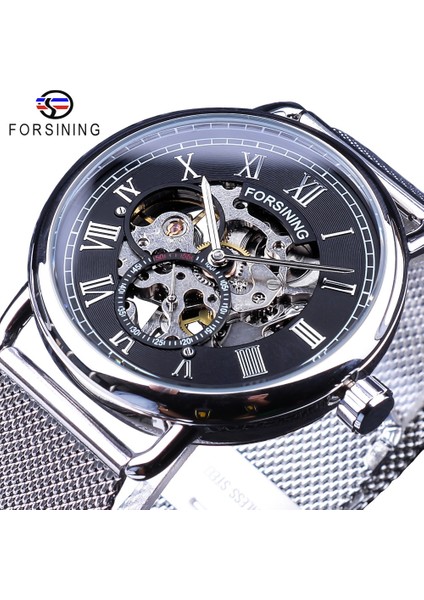GMT1124-9 Forsining Moda Klasik Siyah Gümüş Mekanik Saatler Erkekler Için Örgü Kemer Şeffaf Kılıf Su Geçirmez Saat Erkek (Yurt Dışından) fiyatları