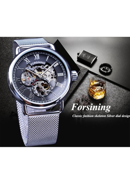 GMT1124-9 Forsining Moda Klasik Siyah Gümüş Mekanik Saatler Erkekler Için Örgü Kemer Şeffaf Kılıf Su Geçirmez Saat Erkek (Yurt Dışından) fırsatları