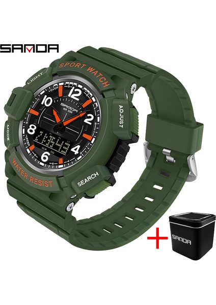 Armygreen Kutu Samda Erkekler Için Yeni Spor Saatler 50 M Su Geçirmez Saat Alarmı Çift Ekran Kuvars Kol Saati Askeri Şok Dayanıklı Erkek Izle (Yurt Dışından)