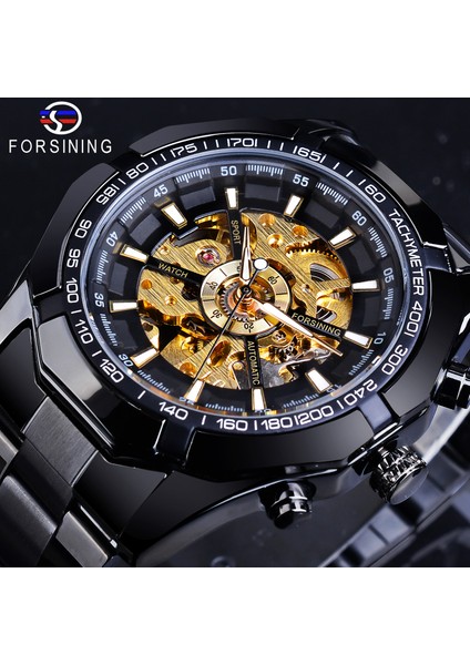 GMT893-11 Forsining Üst Marka Lüks Otomatik Mekanik Saat Siyah Altın Erkek Saatler Hollow Kol Saati Relogio Masculino (Yurt Dışından)