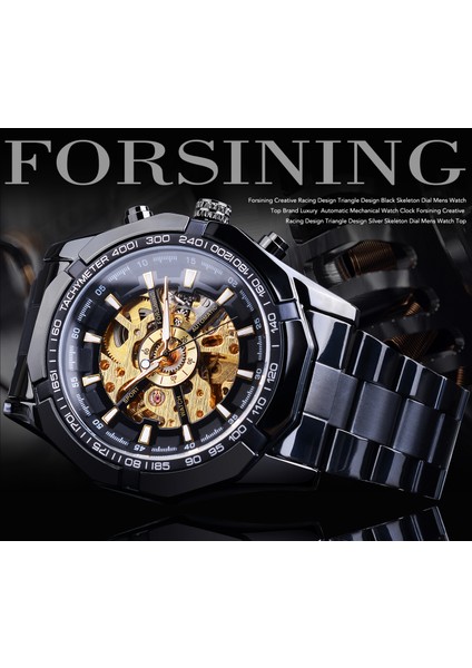 GMT893-11 Forsining Üst Marka Lüks Otomatik Mekanik Saat Siyah Altın Erkek Saatler Hollow Kol Saati Relogio Masculino (Yurt Dışından)