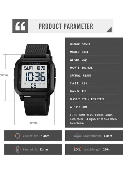 Siyah Siyah Skmeı Spor Dijital Saat LED Erkek Saatleri Chrono Elektronik Kol Saati Su Geçirmez Geri Sayım Saati Moda Reloj Hombre (Yurt Dışından)