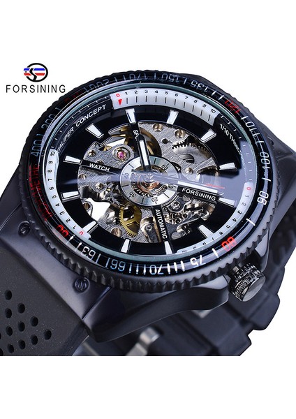 GMT963-1 Forsining 2016 Döner Çerçeve Spor Tasarım Silikon Bant Erkek Saatler Top Marka Lüks Otomatik Siyah Moda Gündelik Saat Saat (Yurt Dışından)