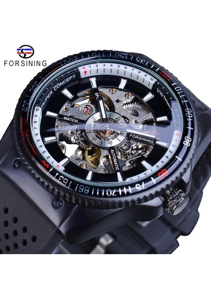 GMT963-1 Forsining 2016 Döner Çerçeve Spor Tasarım Silikon Bant Erkek Saatler Top Marka Lüks Otomatik Siyah Moda Gündelik Saat Saat (Yurt Dışından)