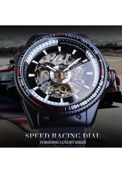 GMT963-1 Forsining 2016 Döner Çerçeve Spor Tasarım Silikon Bant Erkek Saatler Top Marka Lüks Otomatik Siyah Moda Gündelik Saat Saat (Yurt Dışından)