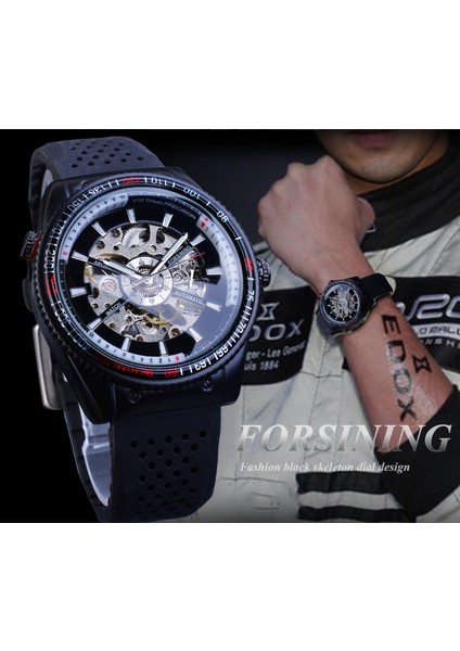 GMT963-1 Forsining 2016 Döner Çerçeve Spor Tasarım Silikon Bant Erkek Saatler Top Marka Lüks Otomatik Siyah Moda Gündelik Saat Saat (Yurt Dışından)