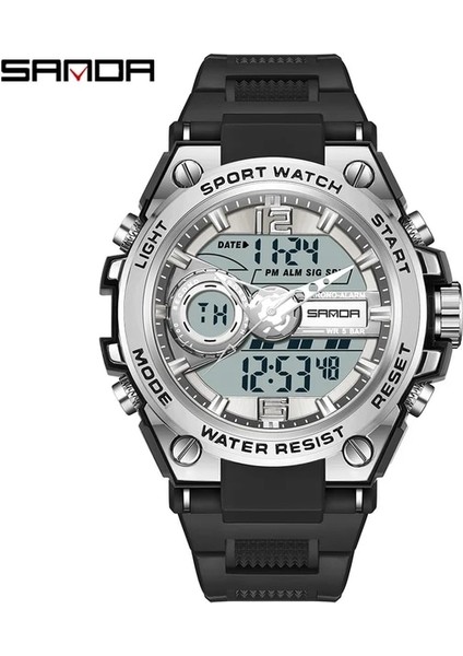 Siyah Gümüş Sanda G Tarzı Spor Erkek Saatler Su Geçirmez Kuvars Askeri Resist LED Dijital Saatler Erkek Ms Saat Relogio Masculino (Yurt Dışından)