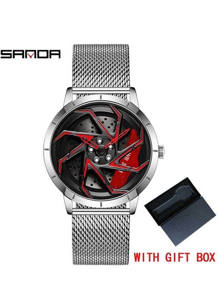 Örgü Gümüş Kırmızı Kutu Moda Sıcak Satış Araba Jant Erkek Saatler Paslanmaz Çelik Su Geçirmez Spor Izle 360 Derece Dönen Jant Dial Kuvars Kol Saati (Yurt Dışından)