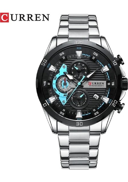 Gümüş Curren Paslanmaz Çelik Saatler Erkek Yaratıcı Moda Aydınlık Kadran ile Kronograf Saat Erkek Rahat Kol Saatleri (Yurt Dışından)