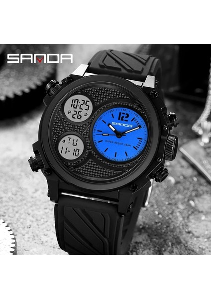 Mavi Sanda Erkekler Için Üç Zamanlı Ekran Kuvars Izle LED Spor Dijital Saatler 50 M Su Geçirmez Elektronik Kol Saati Çalar Saat Relogio (Yurt Dışından)