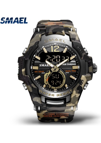 Camo Yeşil Kutu Smael Spor Erkekler Için Dijital Saatler Ordu Kamuflaj Yüzme Kol Saati Çalar Saat Takvim LED Arka Işık Çift Zamanlı Izle 1805 (Yurt Dışından) modelleri
