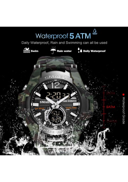 Camo Yeşil Kutu Smael Spor Erkekler Için Dijital Saatler Ordu Kamuflaj Yüzme Kol Saati Çalar Saat Takvim LED Arka Işık Çift Zamanlı Izle 1805 (Yurt Dışından) fırsatları