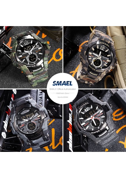 Camo Yeşil Kutu Smael Spor Erkekler Için Dijital Saatler Ordu Kamuflaj Yüzme Kol Saati Çalar Saat Takvim LED Arka Işık Çift Zamanlı Izle 1805 (Yurt Dışından) indirimleri