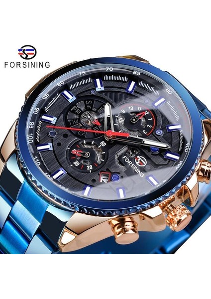 GMT1137-14 Forsining Üç Kadranlı Takvim Paslanmaz Çelik Erkek Mekanik Otomatik Bilek Saatler Üst Marka Lüks Askeri Spor Erkek Saat (Yurt Dışından)