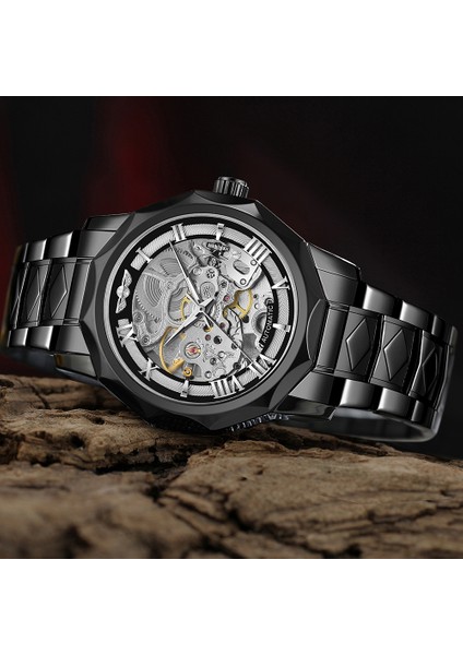 Siyah Mavi L Kazanan Yeni Moda Siyah Askeri Içi Boş Mekanik Paslanmaz Çelik Kol Saati Aydınlık Erkek Saatler Montre Homme Saat (Yurt Dışından)