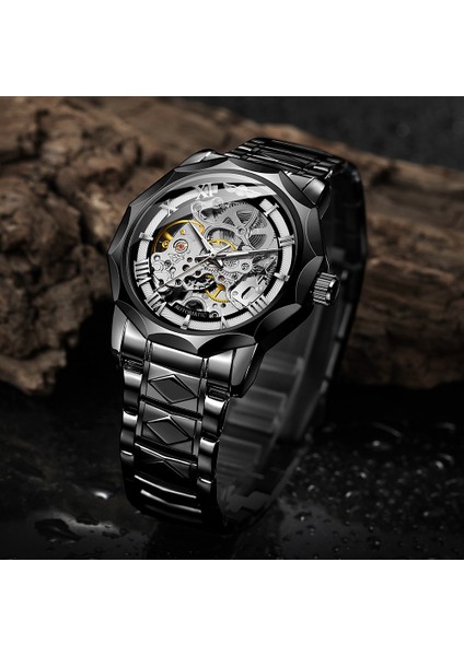 Siyah Mavi L Kazanan Yeni Moda Siyah Askeri Içi Boş Mekanik Paslanmaz Çelik Kol Saati Aydınlık Erkek Saatler Montre Homme Saat (Yurt Dışından)