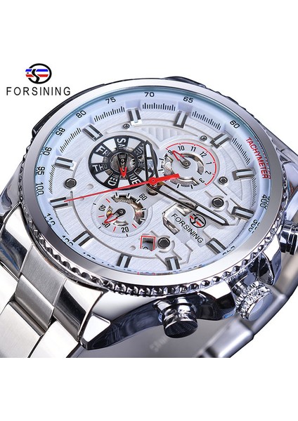 GMT1137-11 Forsining Yepyeni Beyaz Erkek Mekanik Spor Saat Otomatik 3 Alt Kadran Takvim Tam Paslanmaz Çelik Kayış Saat Reloj Hombre (Yurt Dışından)