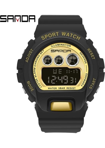 Siyah Altın Sanda Unisex Elektronik Saat Bayanlar Çok Fonksiyonlu 50 Metre Su Geçirmez Saatler Dijital Erkek Öğrenci Moda Reçine Spor Saati (Yurt Dışından)