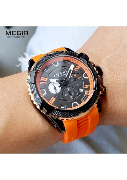 Siyah Yeşil Megır Moda Izle Erkekler Için Turuncu Silikon Kayış Spor Kronograf Kuvars Kol Saati Tarih 24 Saat Ekran 3ATM Su Geçirmez (Yurt Dışından) modelleri
