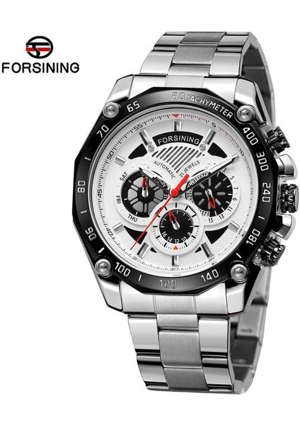 Gümüş Beyaz Forsining Saatler Erkek Üç Göz Altı Iğne Çok Fonksiyonlu Mekanik Kol Saati Lüks Otomatik Erkek Saat Montre Homme (Yurt Dışından)