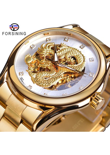 GMT1110-1 Forsining Gümüş Ejderha Iskeleti Otomatik Mekanik Erkek Kol Saati Tam Paslanmaz Çelik Kayış Saat Su Geçirmez Erkek Saatleri (Yurt Dışından)