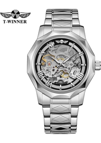 Gümüş Siyah Kazanan Kadran Mekanik Saatler Erkek Otomatik Gümüş Siyah Su Geçirmez Spor Stil Kol Saatleri Erkek Saat Montre Homme (Yurt Dışından)