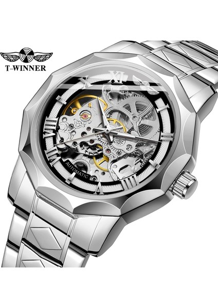 Gümüş Siyah Kazanan Kadran Mekanik Saatler Erkek Otomatik Gümüş Siyah Su Geçirmez Spor Stil Kol Saatleri Erkek Saat Montre Homme (Yurt Dışından)