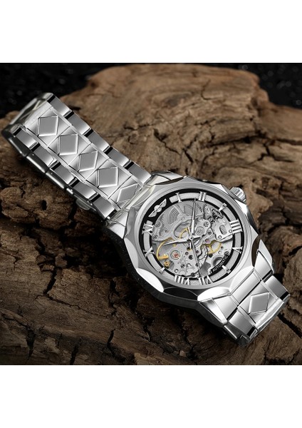 Gümüş Siyah Kazanan Kadran Mekanik Saatler Erkek Otomatik Gümüş Siyah Su Geçirmez Spor Stil Kol Saatleri Erkek Saat Montre Homme (Yurt Dışından)