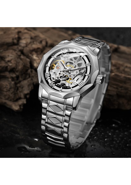 Gümüş Siyah Kazanan Kadran Mekanik Saatler Erkek Otomatik Gümüş Siyah Su Geçirmez Spor Stil Kol Saatleri Erkek Saat Montre Homme (Yurt Dışından)