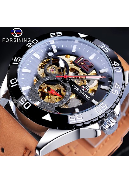 GMT1155-7 Forsining Yaratıcı Mekanik Spor Saatler Erkek Otomatik Yarım Renkli Kadran Kahverengi Deri Kayış Yarış Açık Saat Reloj Hombre (Yurt Dışından) fiyatları