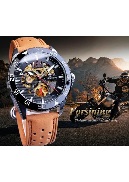 GMT1155-7 Forsining Yaratıcı Mekanik Spor Saatler Erkek Otomatik Yarım Renkli Kadran Kahverengi Deri Kayış Yarış Açık Saat Reloj Hombre (Yurt Dışından) fırsatları