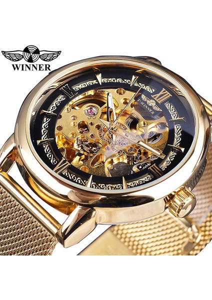 GMT1130-2 Kazanan Klasik Erkekler Mekanik Izle Siyah Altın Ince Analog Örgü Çelik Bant Erkek Gündelik Elbise Kol Saati Saat Adam Için (Yurt Dışından)